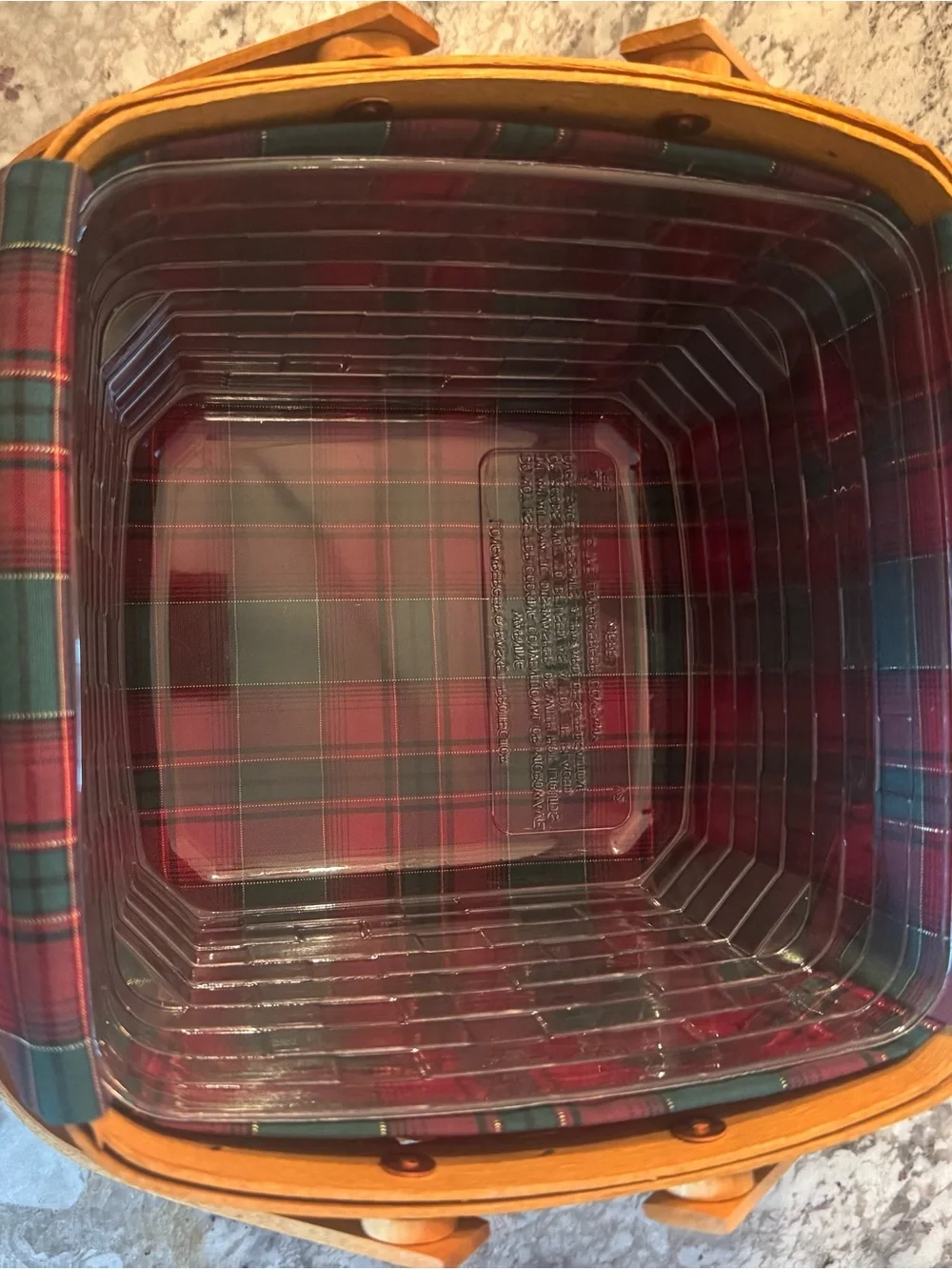 Longaberger Natural Brown Basket with Green Accent and Plaid Liner